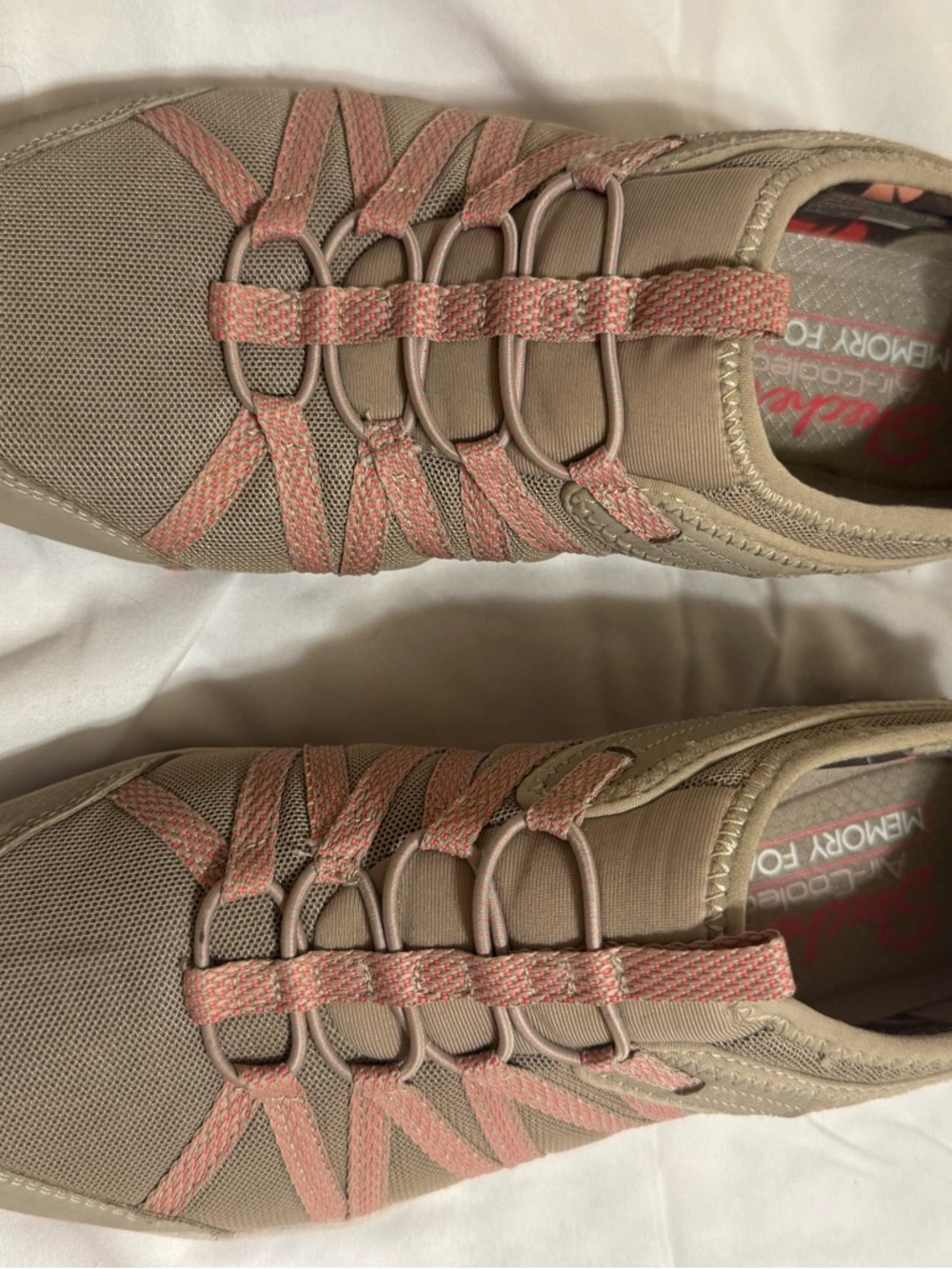 Skechers Beige Slip-On Memory Foam Sneakers with Pink Logo